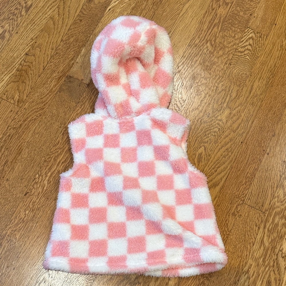 4/$20 Little Me Pink & White Checkered Fleece Vest Hoodie Gingham NWOT 24 mo 2t - Picture 3 of 3